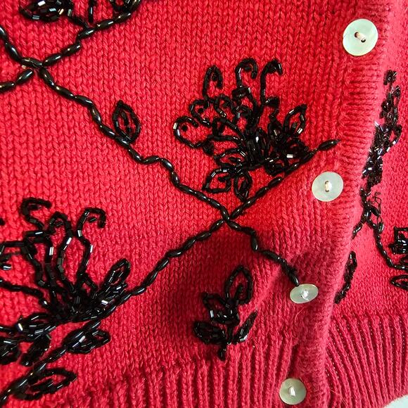 Vintage Tiara Cardigan Womens Large 90s Red Floral Beaded Holiday Party Glam - Picture 5 of 9